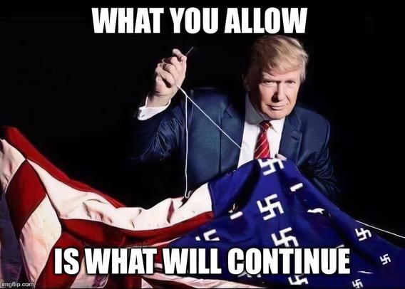 Trump weaving swastikas into the American flag where the stars would normally be. Overlayed text saying "What you allow is what will continue."