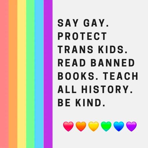 Rainbow on left. On the right:
"SAY GAY. PROTECT TRANS KIDS. READ BANNED BOOKS. TEACH ALL HISTORY. BE KIND."