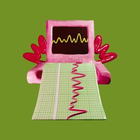 Digital illustration of a pink retro monitor with red cables displaying a wavy yellow line. A long green and white graph paper sheet with a red line extends from the screen. Green background.