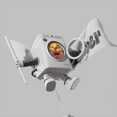 A washing machine with arms and legs and a grumpy character face inside the drum holds a flag and floats mid-air.