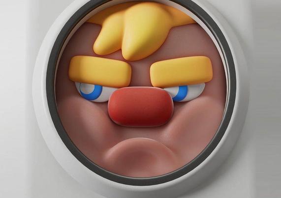 A cartoon face with yellow hair, thick eyebrows, blue eyes, and a large red nose, frowning inside a circular white frame.