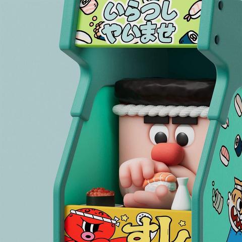 A cartoon character with a chef headband holds sushi inside a teal arcade machine decorated with Japanese text and food illustrations.