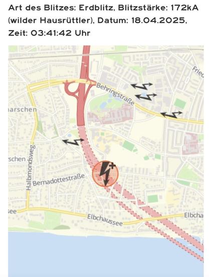 Karte Hamburgs mit Markierung eines Blitz-Einschlags