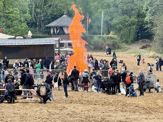 A large crowd gathers around a towering flame at an outdoor event. People are seated at picnic tables and standing near a fenced area, with trees and a building in the background. The atmosphere is lively, with attendees of various ages enjoying the gathering.