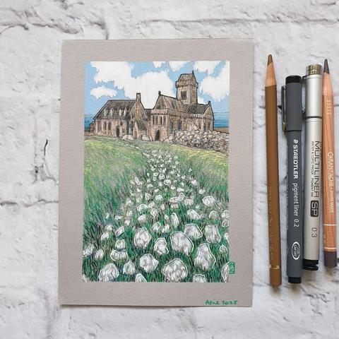 A small drawing of Iona Abby, Scotland. The drawing is on grey pastel paper. It measures 5 by 7 inches.
Iona Abbey is an abbey located on the island of Iona, just off the Isle of Mull on the West Coast of Scotland. It is one of the oldest Christian religious centres in Western Europe. The abbey was a focal point for the spread of Christianity throughout Scotland and marks the foundation of a monastic community by St. Columba.
An original art work
Colour pencil and mixed media on acid free toned artist paper
5 by 7 inches (12.7 by 17.8 cm).
Sold unframed