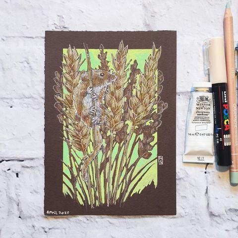 A small drawing of a little harvest mouse climbing a wheat stalk, there is a background in green with more wheat behind the mouse. The drawing is on dark brown pastel paper.
The tiny harvest mouse lives in long grassland, reedbeds, hedgerows, farmland and around woodland edges.
*An original art work
*Colour pencil and mixed media on acid free toned artist paper
*5 by 7 inches (12.7 by 17.8 cm).
*Sold unframed