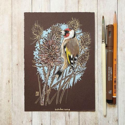 A colour drawing of a Goldfinch bird perched on a teasel. The Goldfinch is a colourful finch with a bright red face and yellow wing patch. Goldfinches live throughout the UK, with the exception of the most mountainous parts of Scotland.
An original art work
Colour pencil and mixed media on acid free toned artist paper
5 by 7 inches (12.7 by 17.8 cm). 
Sold unframed