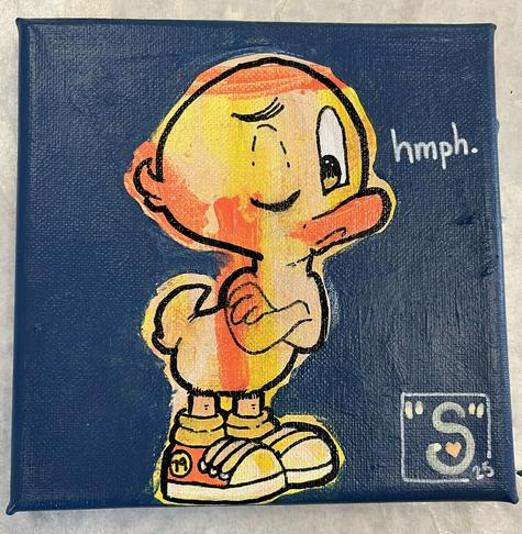 a painting by dej of a anthropomorphic duckling in orange and yellow pouting while winking. it has its arms crossed and has big tennis shoes with socks on its feet. all on a navy blue background with the text "hmph." next to the duckling's face. its signed by the artist in the bottom right corner