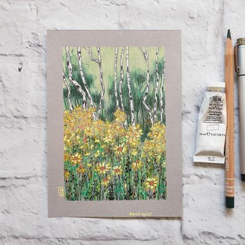 A small landscape drawing of a woodland with birch trees and yellow and orange flowers. The drawing is on grey paper.
An original art work
Colour pencil and mixed media on acid free toned artist paper
5 by 7 inches (12.7 by 17.8 cm).
Sold unframed