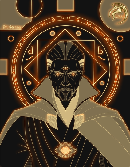 Neon lines on black background. Dr. Strange in front view. He looks stern at the viewer. His eyes seem glowing. Around him are magic runes glowing. The color set is orange/ gold neon