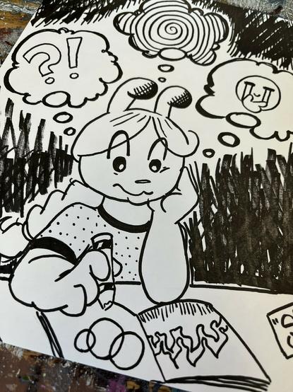 a comic-style illustration by dej in black marker of a troubled dog girl holding a crayon over a coloring book. there are 3 thought bubbles above her. one has a question mark an exclamation point. one has a hypnotic swirl. one has a thinking and sobbing emoji.