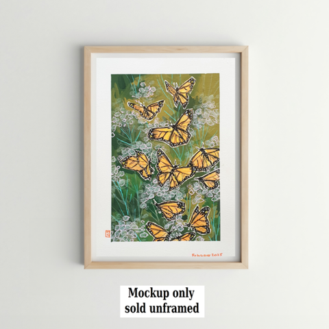 A small drawing of a group of orange and black monarch butterflies in flight with a green background with abstract flowers. The drawing is on white paper.
The name monarch is believed to have been given in honour of King William III of England, as the butterfly's main colour is that of the king's secondary title, Prince of Orange.
An original art work
Colour pencil and mixed media on acid free toned artist paper
5 by 7 inches (12.7 by 17.8 cm).
Sold unframed