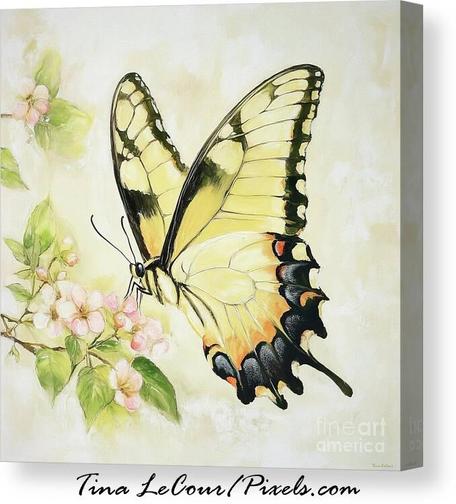This is a canvas of a pretty yellow swallowtail butterfly perched on the tip of some spring blossom flowers.