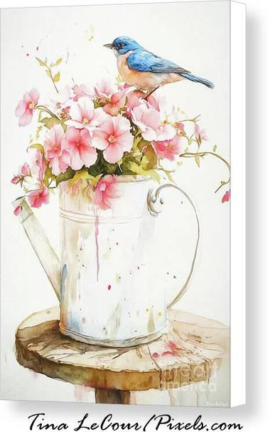 This is a  canvas of a white watering can filled with spring begonia flowers and a bluebird perched on top of the flowers.