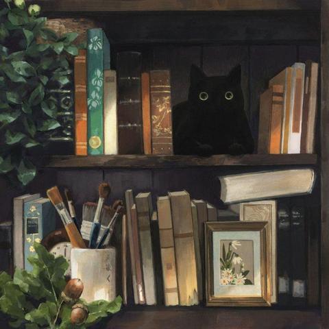 traditional painting of a black cat sitting on a bookshelf