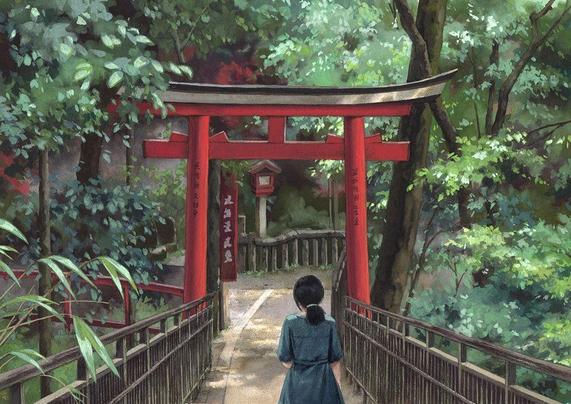 traditional painting of a red torii gate, surrounded by nature