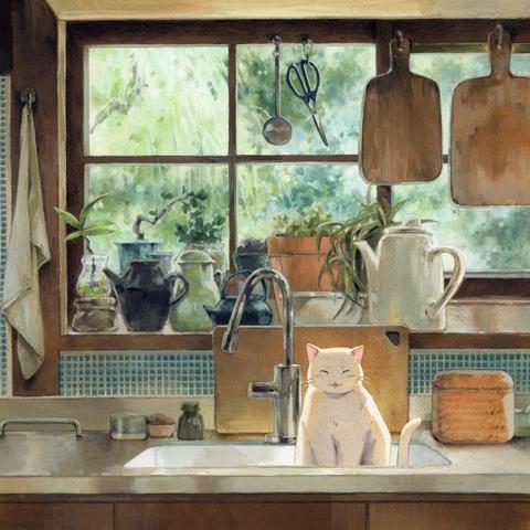 traditional painting of a cat sitting in a kitchen sink, green and brown hues