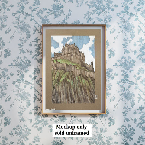 A small drawing of Edinburgh Castle, Scotland. The castle sits on a high rock formation, there is a blue and white sky background to the drawing. It is on buff coloured pastel paper.
Edinburgh Castle is a world famous icon of Scotland and part of the Old and New Towns of Edinburgh's World Heritage Site. It stands on Castle Rock, which has been occupied by humans since at least the Iron Age.
An original art work
Colour pencil and mixed media on acid free toned artist paper
5 by 7 inches (12.7 by 17.8 cm).
Sold unframed