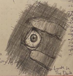 A pencil sketch of an eye being peeled open in the dark.