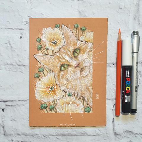 A small portrait drawing of a pale tabby cat with large pale yellow flowers in the background. The drawing is on terracotta toned paper.
An original art work
Colour pencil and mixed media on acid free toned artist paper
5 by 7 inches (12.7 by 17.8 cm).
Sold unframed