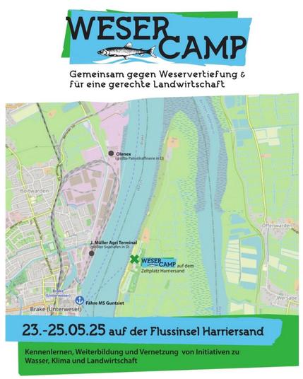 Kennenlernen, Weiterbildung und Vernetzung von Initiativen zu Wasser, Klima und Landwirtschaft. 

Das Bild zeigt außerdem einen Kartenausschnitt, auf dem die Unterweser, Brake und der markierte Zeltplatz auf der Weserinsel zu sehen sind.