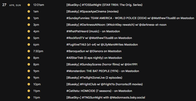 Screencap of watchparty event listing
UPDATES, links & details on the LIVE calendar: http://bit.ly/MastodonWatchParties
 All times Eastern