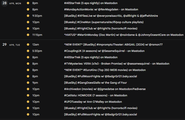 Screencap of watchparty event listing
UPDATES, links & details on the LIVE calendar: http://bit.ly/MastodonWatchParties
 All times Eastern