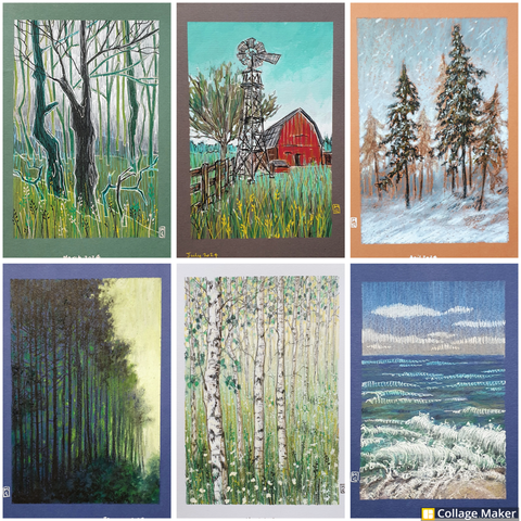 A photo collage of some of my landscape drawings:
An illustration of green woodlands, a farmland with a red barn and windmill, trees in a snowstorm, forest edge, birch woodland and a seascape.