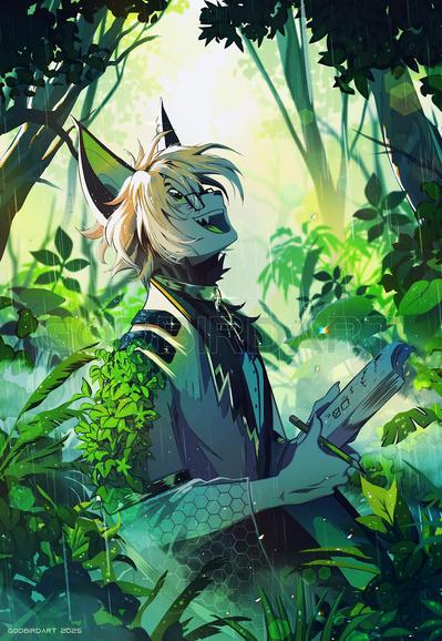 image is a digital portrait of an anthropomorphic chiropteran standing amid a sea of lush vegetation speckled by raindrops. a notebook loosely held in his hands, he looks upward to the canopy with a beaming, awestruck smile.