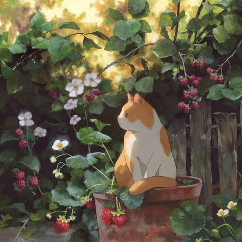 A traditional painting of a cat sitting in a plant pot, surrounded by plants and warm light