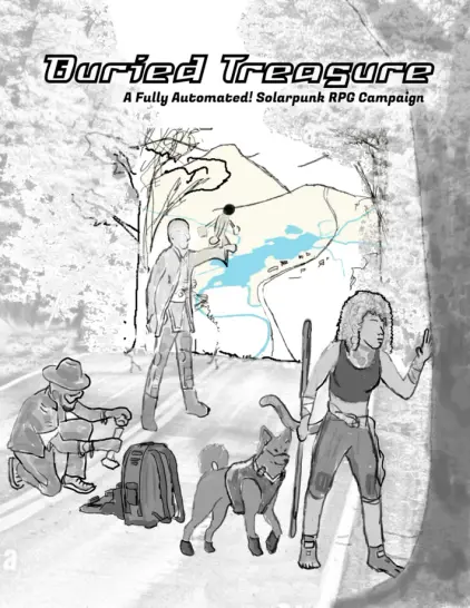A sketch of three humans and a dog standing on a backcountry road examining their surroundings with a lake and town visible in the distance