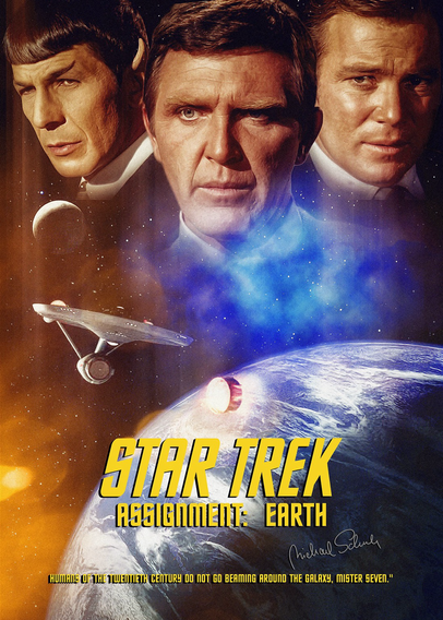 The poster for the Star Trek episode “Assignment: Earth” transports the viewer into the vastness of space. At the center stand three figures: Spock gazes seriously and intently to the side, Gary Seven looks forward with determination, and Captain Kirk appears thoughtful, his eyes set on the distance. The scene is framed by a vibrant starfield, interwoven with orange and blue nebulae. In the lower left, the USS Enterprise proudly soars through space, directly above the glowing Earth, its surface shimmering in soft blue tones. In bold yellow letters, the title “STAR TREK – ASSIGNMENT: EARTH” stretches across the planet. At the bottom of the image, a quote captures the spirit of the story: “Humans of the twentieth century do not go beaming around the galaxy, Mister Seven.