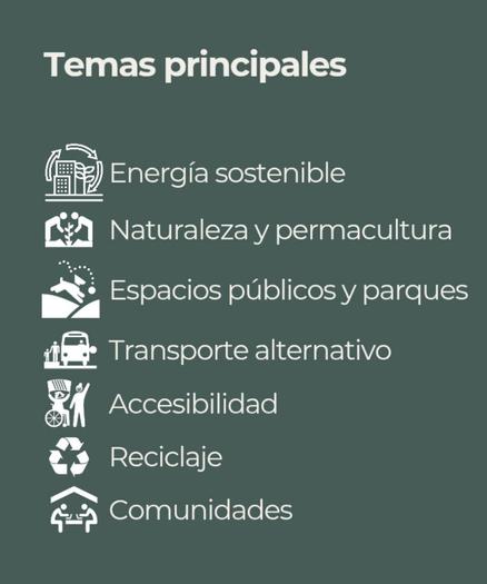 Captura de un texto que dice Temas principales: energía sostenible, naturaleza y permacultura, espacios públicos y parques, transporte alternativo, accesibilidad, reciclaje, comunidades. Hay logos de cada elemento.