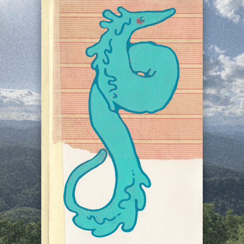 A sketchbook page of a fuzzy teal serpent drawn using paint markers. A torn piece of lined scrapbook paper is behind it with tape running across the sketchbook gutter.