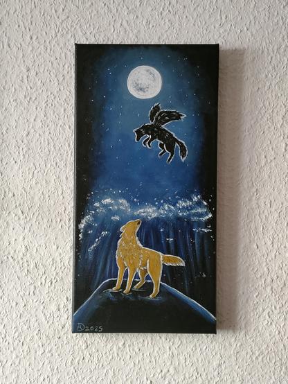 Acryl auf Leinwand 
Ein goldener Wolf steht nachts an einer Klippe. Meereswellen rauschen im Hintergrund und türmen sich auf. Über ihm fliegt ein schwarzer Wolf mit schwarzen Federflügeln in den Himmel während der Vollmond scheint.