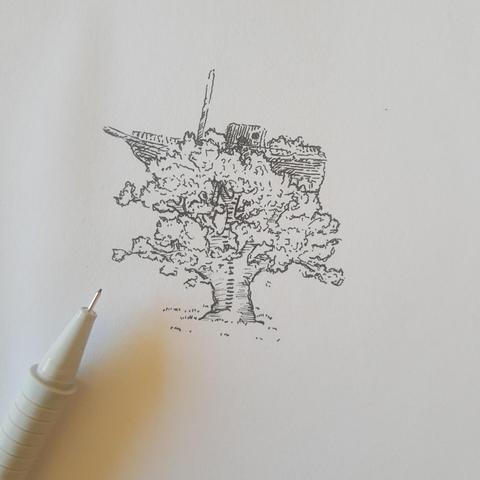 Skizze eines Baumes mit einem Schiff in der Baumkrone. S/w
Daneben liegt ein Fineliner

Sketch of a tree with a ship in the treetop. B/w
Next to it is a fineliner