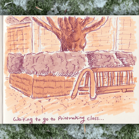 A loose doodle of a sidewalk using burgundy, beige, and pink-ish inks. The sidewalk has a bicycle rack and a raised garden bed containing bushes and a tree. Brick buildings are in the background.

Written below the sketch is “Waiting to go to printmaking class…”