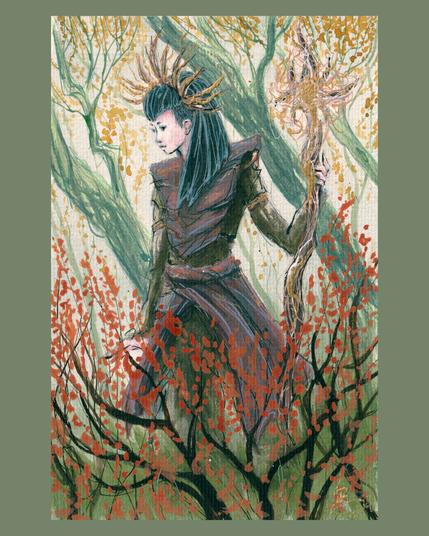 Illustration à l'encre acrylique d'une druidesse solitaire, debout au cœur d'une forêt mystique aux couleurs automnales. Elle tient un bâton orné de bois et de feuilles, son regard perdu dans la contemplation de la nature environnante