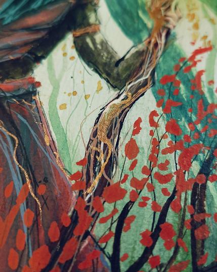 Illustration à l'encre acrylique d'une druidesse solitaire, debout au cœur d'une forêt mystique aux couleurs automnales. Elle tient un bâton orné de bois et de feuilles, son regard perdu dans la contemplation de la nature environnante