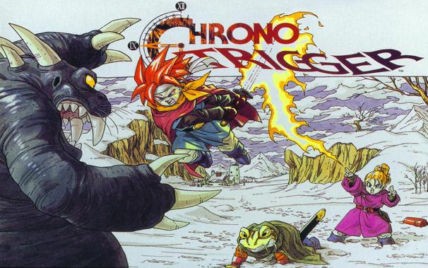 Game cover art from Chrono Trigger. The titular character, Crono, sword at the ready lunges at a large walrus-like monster. Behind him Princess Marle sets his sword ablaze while a knight named Frog (an anthropomorphic frog) is on his hands and knees, clutching his own sword.