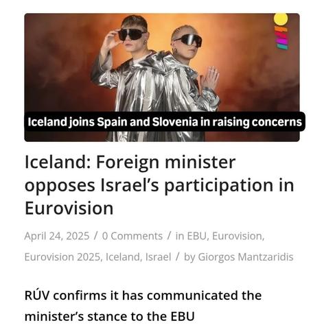 Headline: "Iceland: foreign minister opposes Israel's participation in Eurovision - RÚV confirms it has communicated the minister's stance to the EBU"