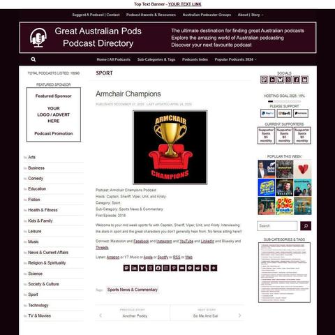 Armchair Champions Podcast
Screenshot of the podcast listing on the Great Australian Pods website