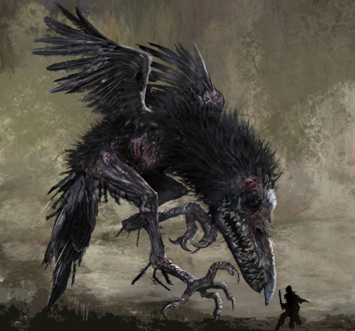 Konzeptzeichnung »Monstrous Crow«, ein ekliges, reißzahnbewehrtes Federvieh, dass stehend ca sechs bis sieben mal höher ist als ein Mensch.