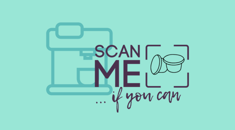 Grafik mit einer stilisierten Kaffeemaschine, daneben der Schriftzug "Scan me" neben zwei Kaffee-Kapseln und darunter steht noch "... if you can"