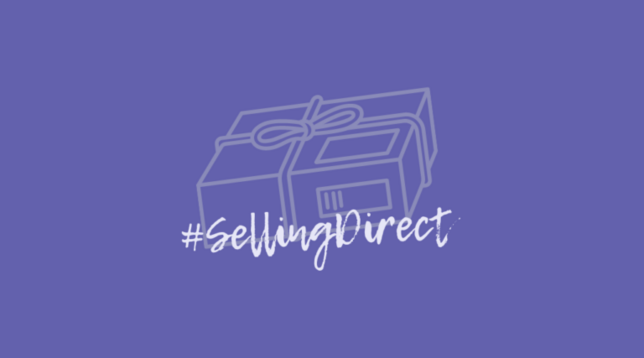 Grafik mit einem stilisierten flachen Päckchen mit Schleife und Versandaufkleber, davor der Schriftzug #SellingDirect