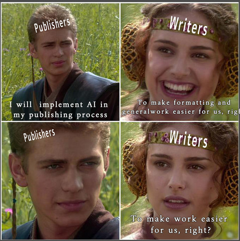 For the better -Meme von Star Wars mit dem jungen Anakin und Padme.
Bild 1: Anakin= Publishers
I will implement AI in my publishing process
Bild2: Padme=writers
To make formatting and general work easier for us, right?
Bild 3: Publishers look with evil knowing expression
Bild4: Writers: to make work easier for us, right?