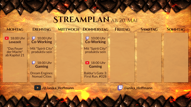 Streamplan für den Kanal Janika_Hoffmann für die Woche ab 20. Mai.

Montag, 18 Uhr, YouTube. Lesezeit. 