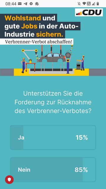 screenschot einer Umfrage der CDU zur Rücknahme des Verbrennerverbots. 15 prozent sind dafür, 85 prozent dagegen.