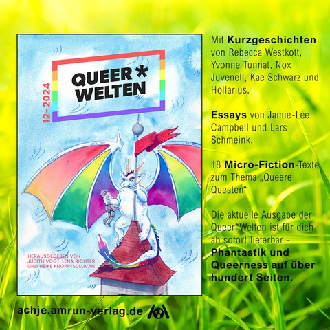 Das Cover der Queer*Welten 12 zeigt einen kleinen Drachen auf einer Turmspitze.