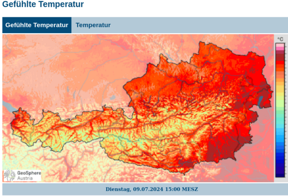fast durchgehend rote Österreich-Karte laut der die gefühlte Temperatur nahe 40 oder darüber liegt
